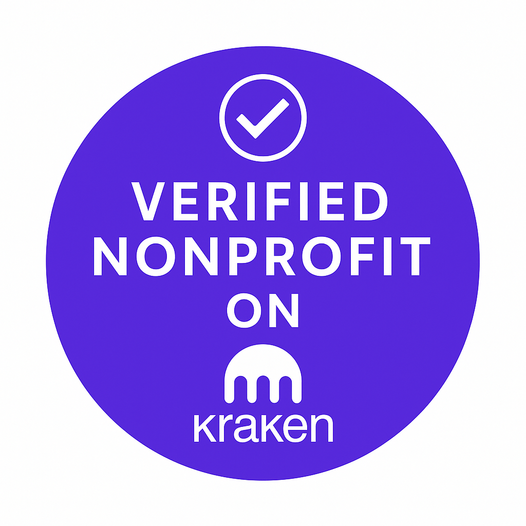Purple circular badge showing a checkmark with the text “Verified Nonprofit on Kraken,” representing Tutti Cancer Warriors’ official NGO verification for secure and transparent crypto donations.